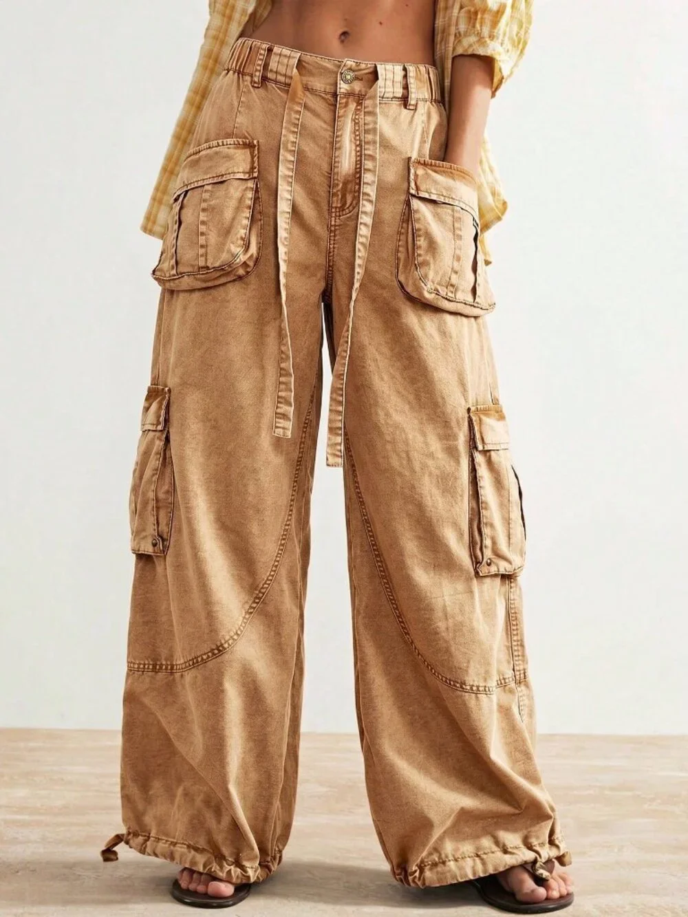 Brown Casual Women's Woven Loose Cuffed Low Waist Loose Long Pants - Picture 7 of 10